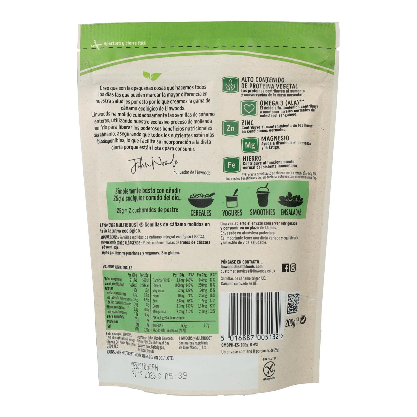 Linwoods organic ground hemp seeds, 200 g