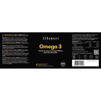 Omega-3 högsta koncentration, vildfångad fiskolja 1000 mg | 35 % EPA | 25 % DHA Zenement, 200 tabletter