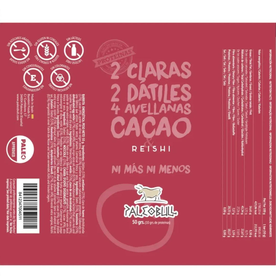 Pakket 10 x PaleoBull energiereep met dadels, hazelnoten, Reishi en cacao, 50 g
