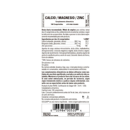 Kalzium und Magnesium mit Zink, 100 Tabletten, Solgar