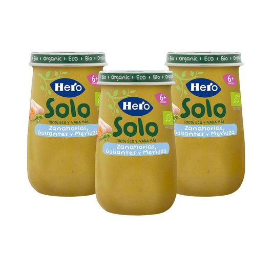 Promotional pack of 3 jars of organic hake and peas, Hero Baby, 190 g