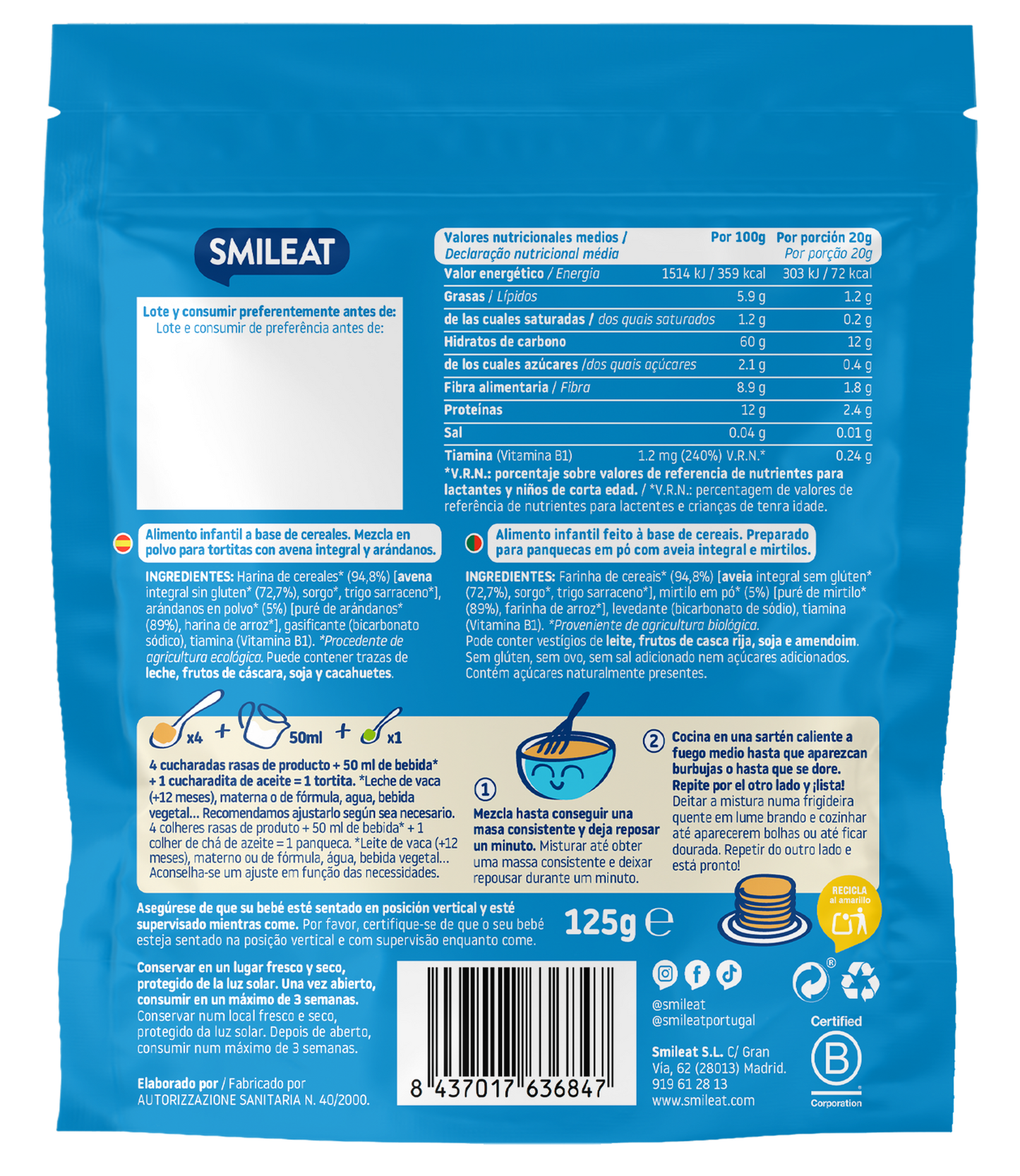 Pack 4x Mélange pour pancakes à l'avoine complète et aux myrtilles ECO, Smileat, 125 g
