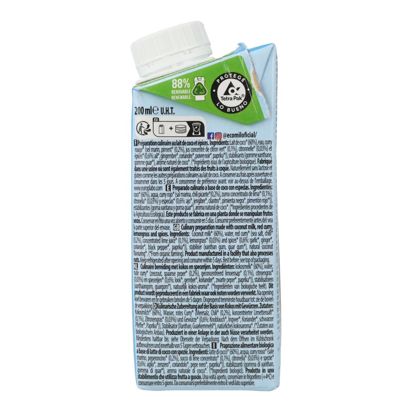 Crème végétale Bio Cuisine Coco Thai Ecomil, 200 ml