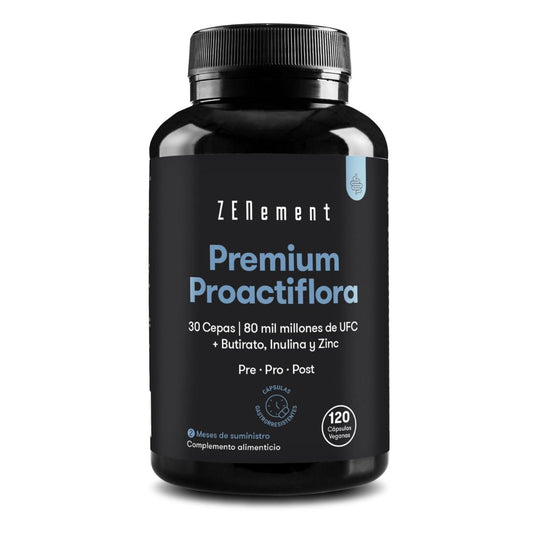 Premium Proactiflora, 30 souches | 80 milliards d'UFC + butyrate, inuline et zinc Zenement, 120 comprimés