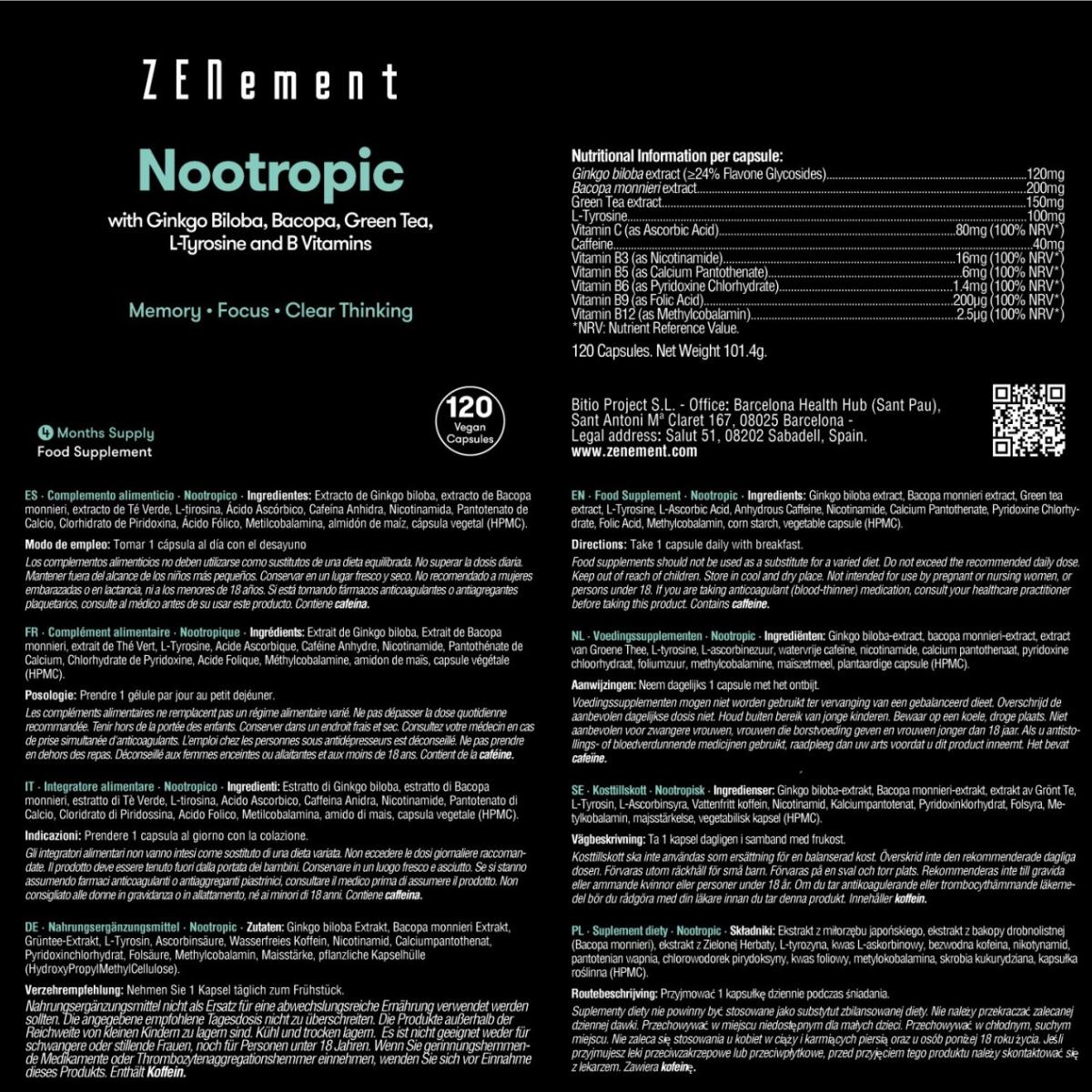 Nootropico, con ginkgo biloba, bacopa, teanina, tirosina e vitamine B Zenement, 120 compresse