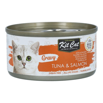 Kit Cat Lata Gravy - Tonno e salmone 70 g Cibo umido per gatti in salsa