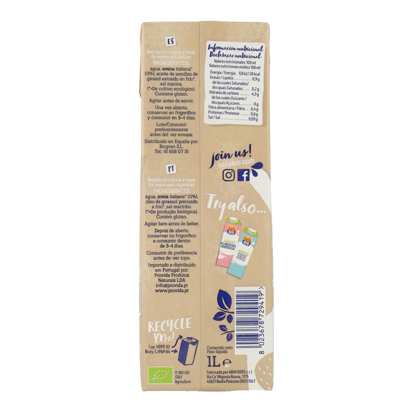 Haverdrank 0% suikers BIO, 1 l. Isola Bio
