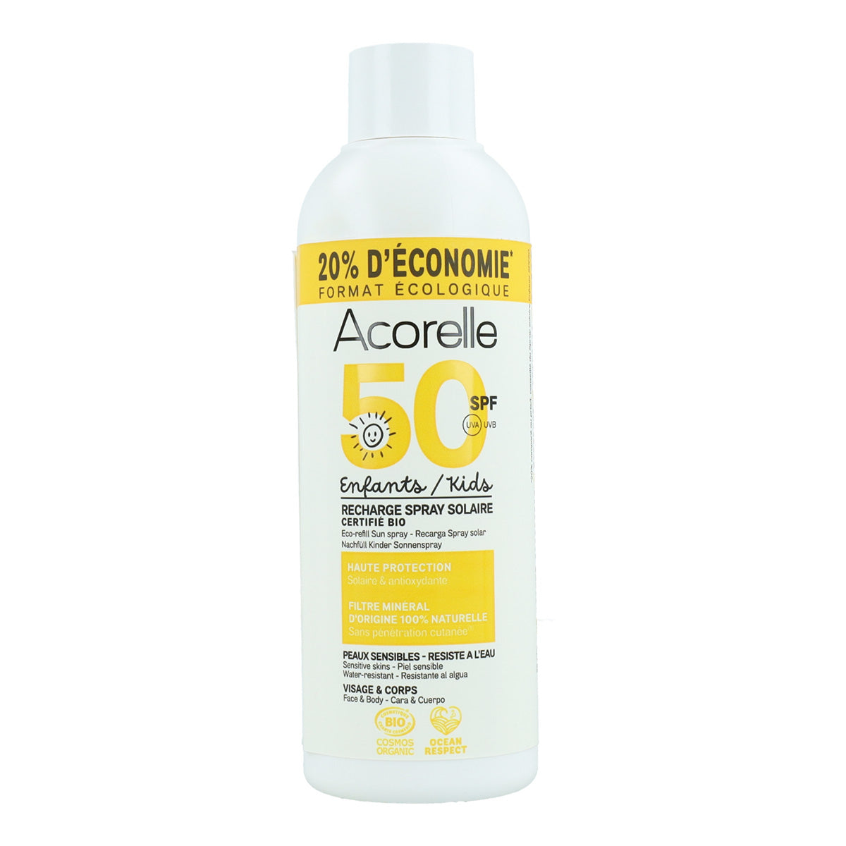 Wkład do sprayu przeciwsłonecznego o wysokim stopniu ochrony dla dzieci SPF50 Acorelle 150 ml