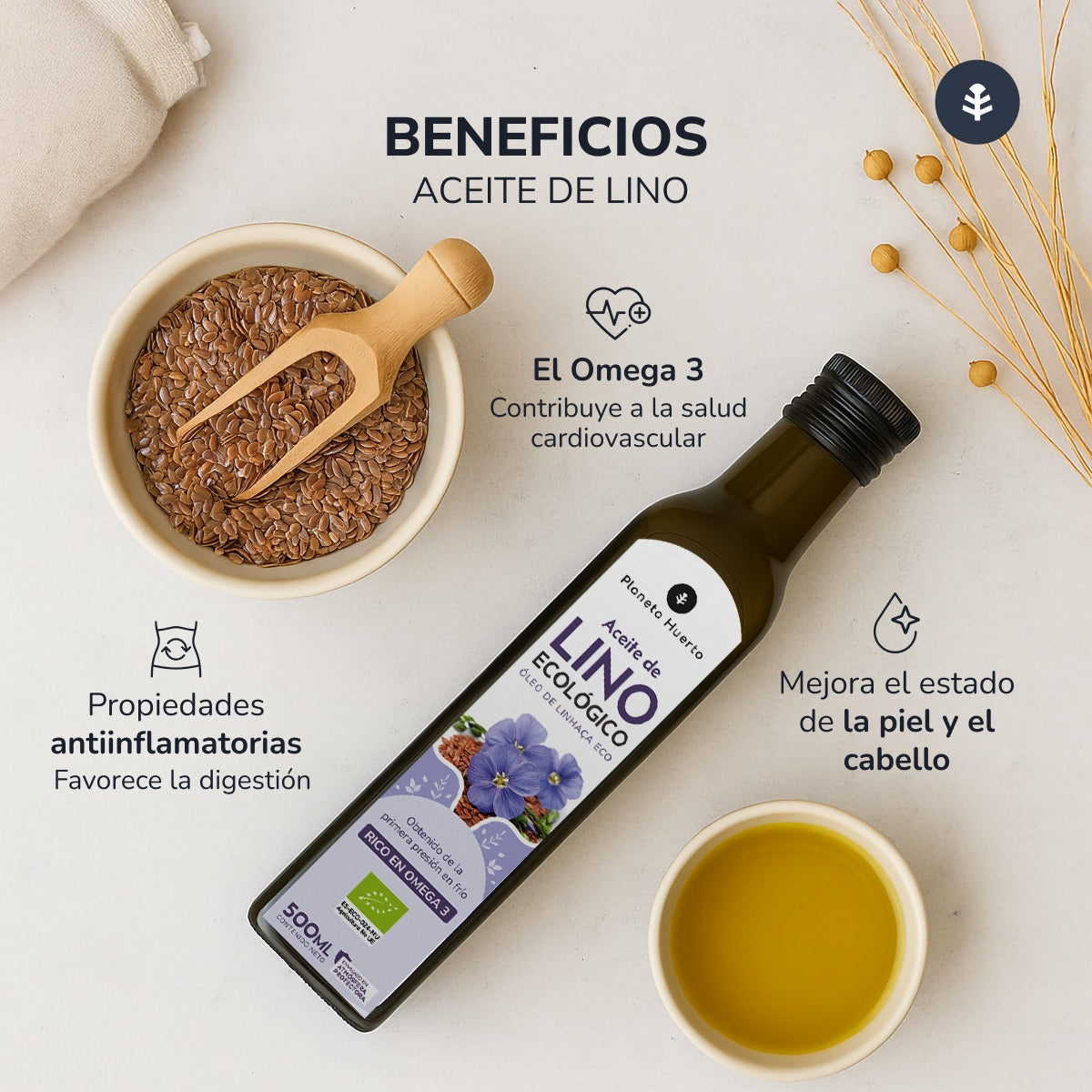 Pack of 3 ECO Planeta Huerto Cold-Pressed Flaxseed Oil 500 ml