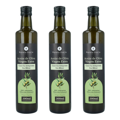 Lot de 3 bouteilles de 500 ml d'huile d'olive extra vierge verte non filtrée, de première récolte, de Planeta Huerto