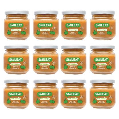 12-pack ekologiska burkar med päron och äpple +6 månader Smileat, 130 g