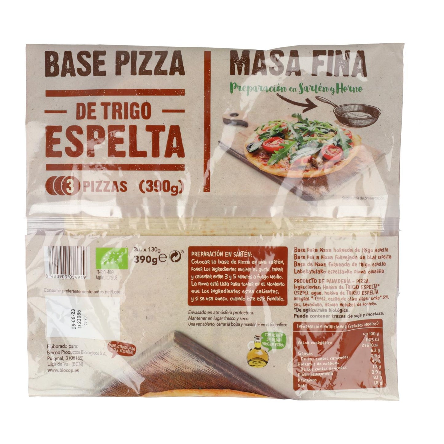 Pack 2x Base de Pizza de Espelta Masa Fina Biocop (3 bases) 390 g