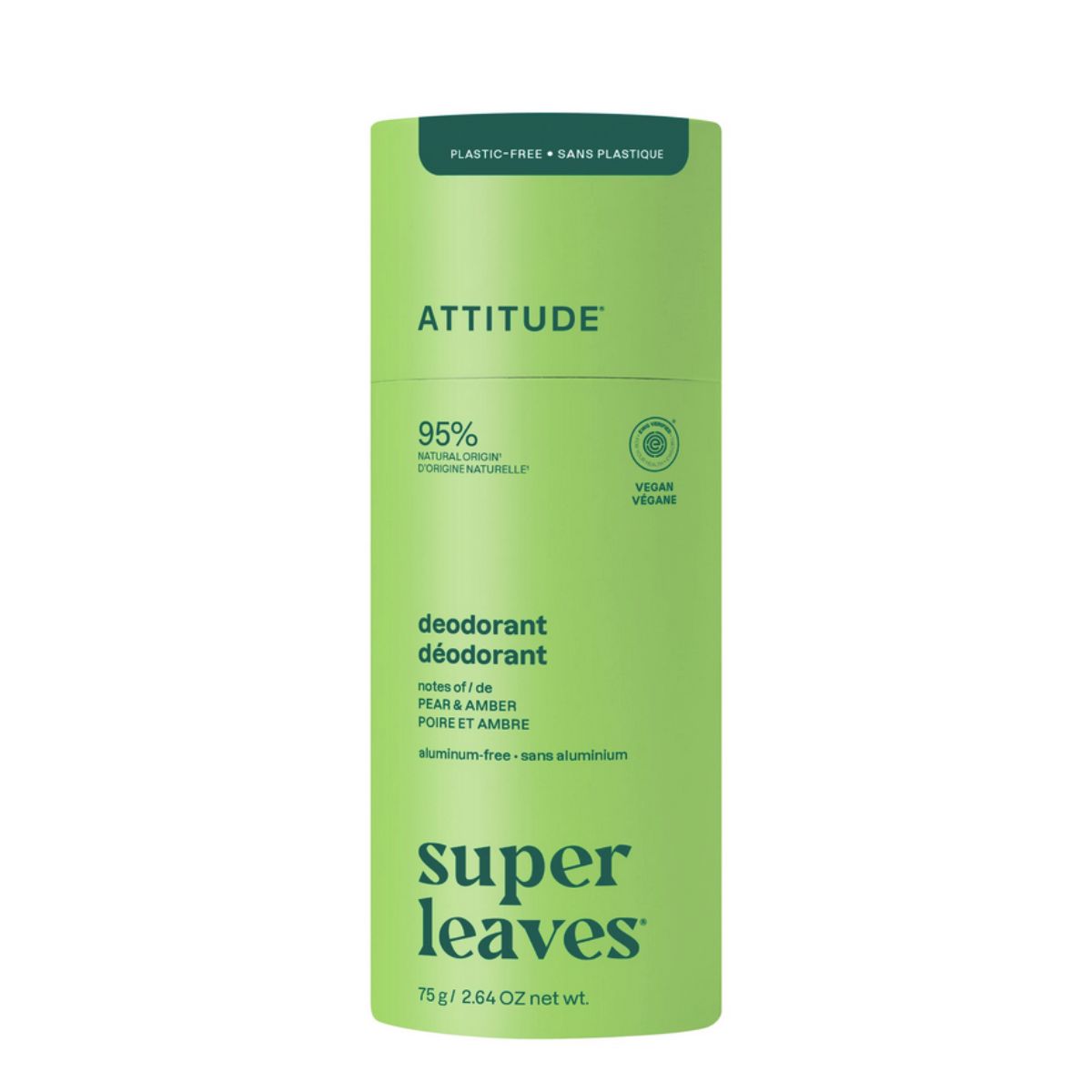 Dezodorant Super leaves - Gruszka i bursztyn - bez plastiku, Attitude, 75 g