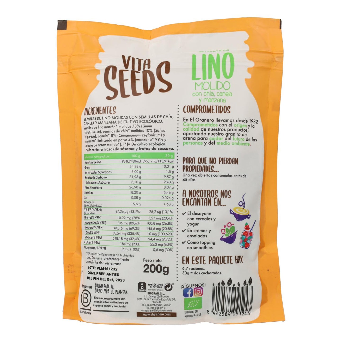 Flax, Chia, Apple and Cinnamon Seeds Vitaseeds Bio El Granero, 200 g