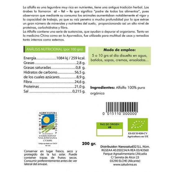Poudre d'alfalfa ECO Salud Viva, 200 g