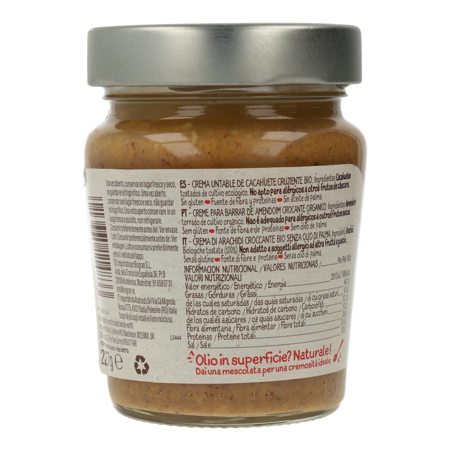 Biologische crunchy pindakaas, 227 g. Whole Earth
