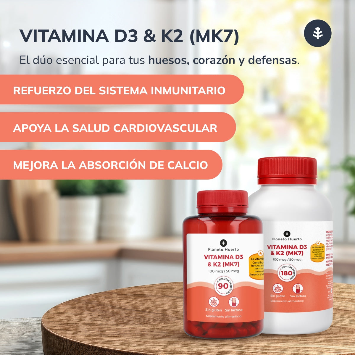 Förpackning 2xVitamin D3 & K2 Mk7 Planeta Huerto 180 kapslar