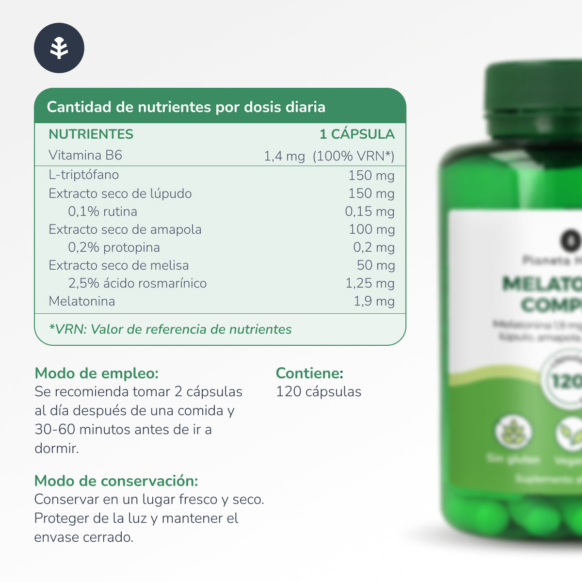 Packung 3xMelatonin Komplex Planeta Huerto 120 Kapseln