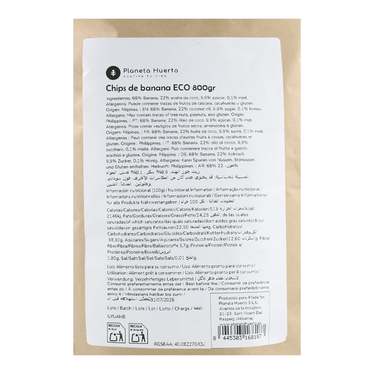 Bananenchips ECO Planeta Huerto 800 g
