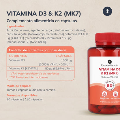 Förpackning 3xVitamin D3 & K2 Mk7 Planeta Huerto 180 kapslar