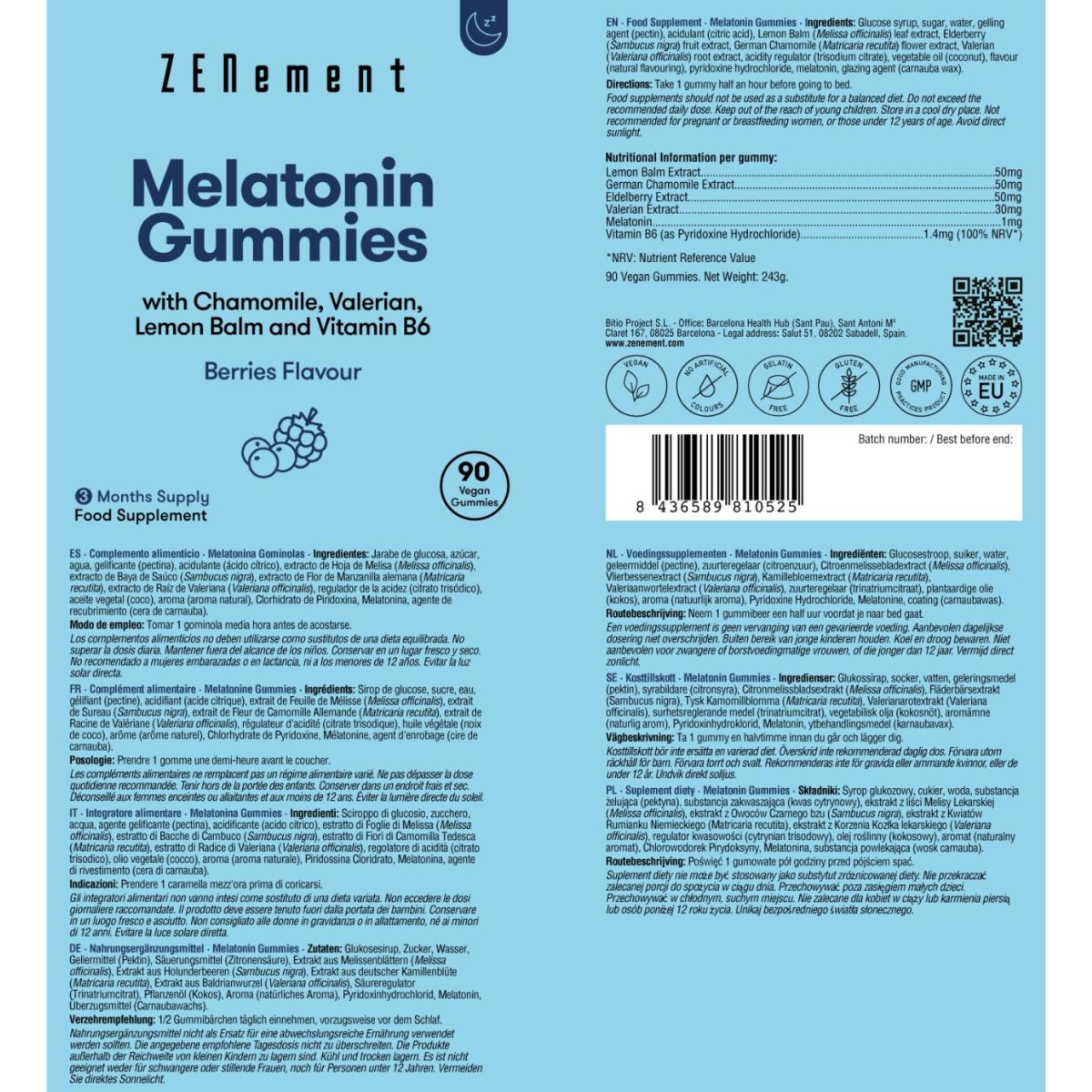 Melatonine-gummies met kamille, valeriaan, citroenmelisse en vitamine B6 Zenement, 90 gummies