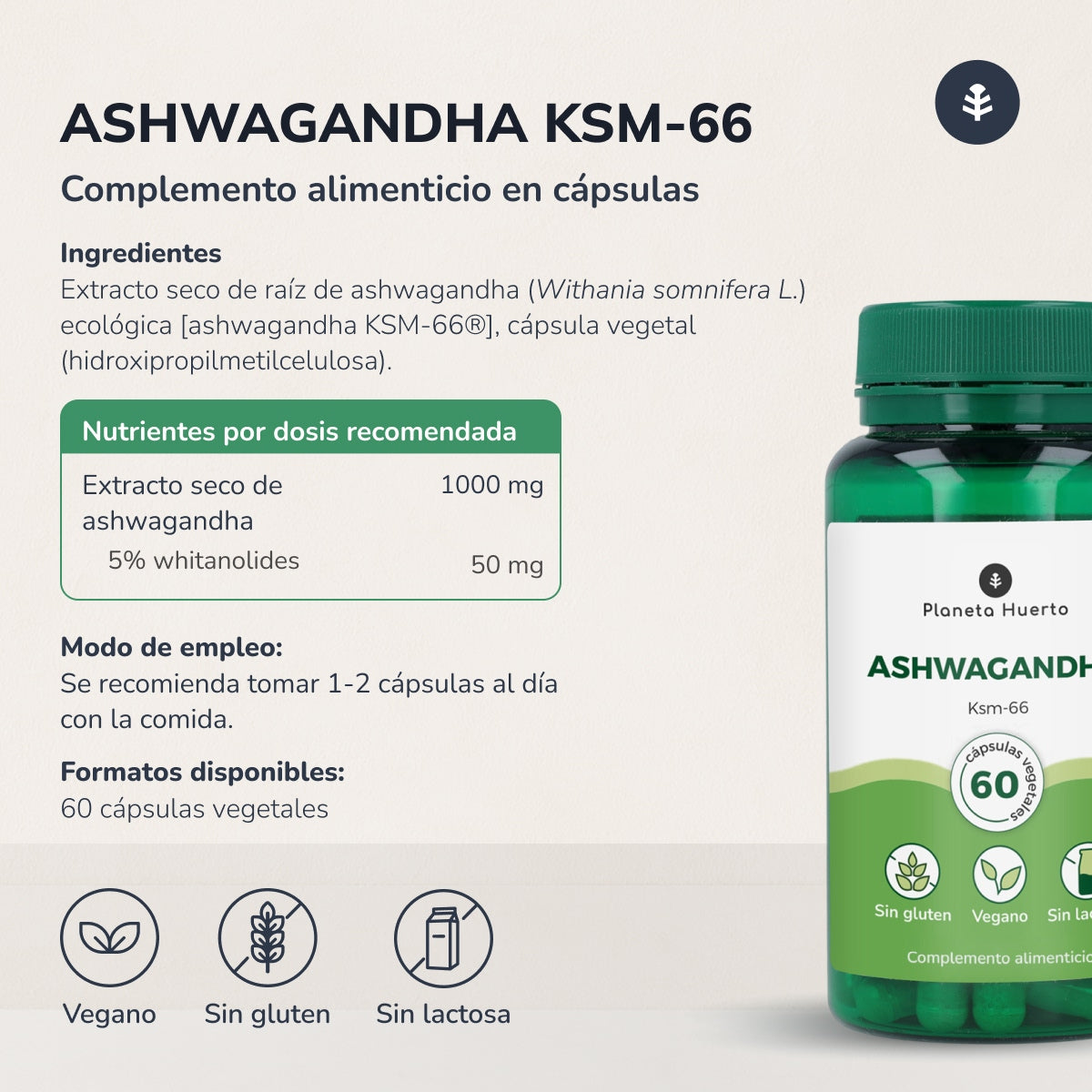 Pakket 2x Ashwagandha KSM-66 Planeta Huerto 60 capsules
