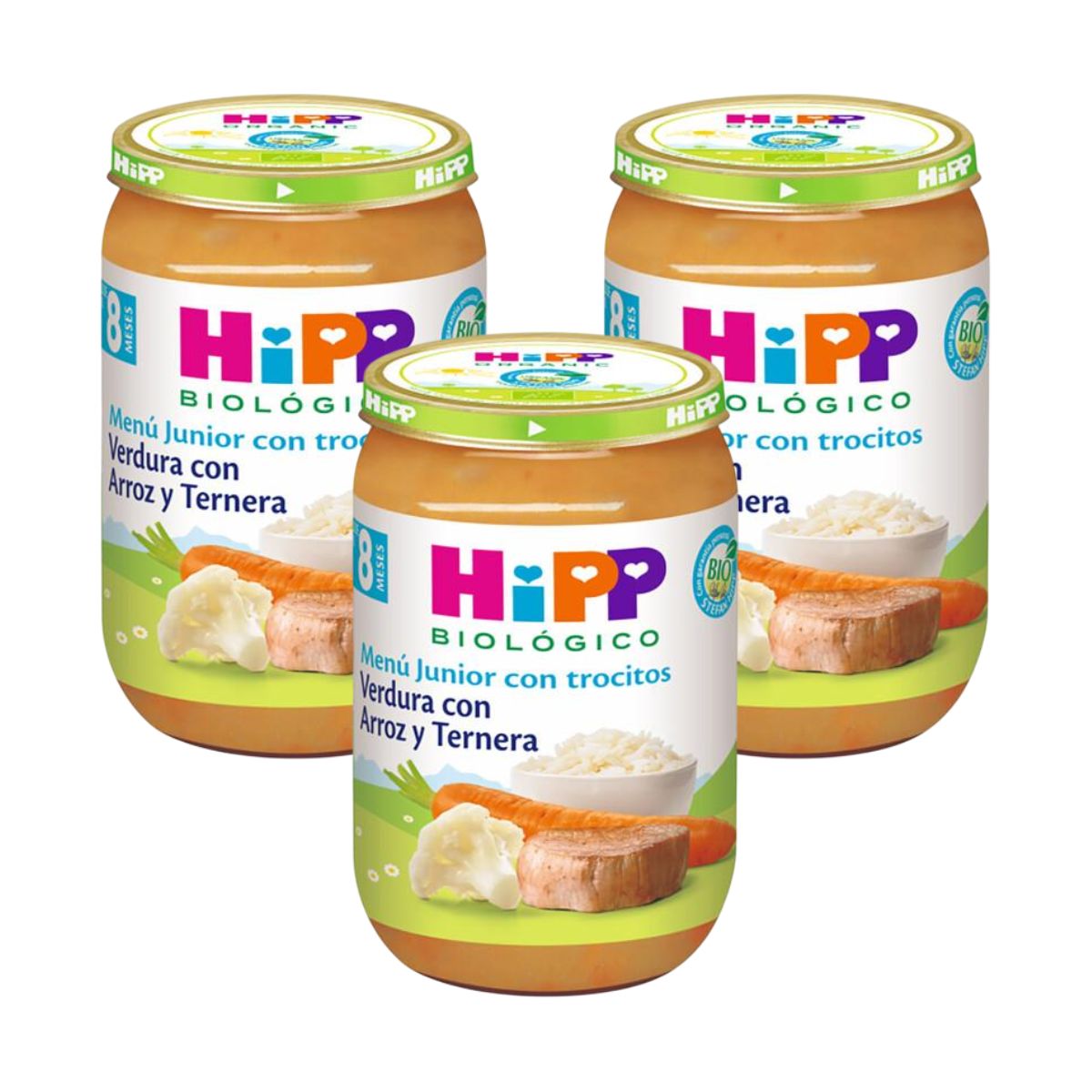 3er-Pack Glas mit Gemüse, Reis und Bio-Rindfleisch +8 Monate HiPP 220 g