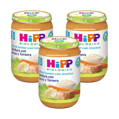 3er-Pack Glas mit Gemüse, Reis und Bio-Rindfleisch +8 Monate HiPP 220 g