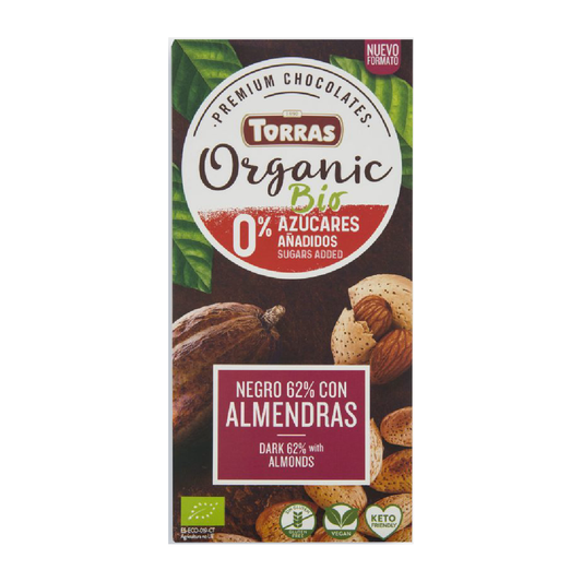Chocolat noir 62 % cacao sans sucre avec amandes entières Bio Torras 100 g