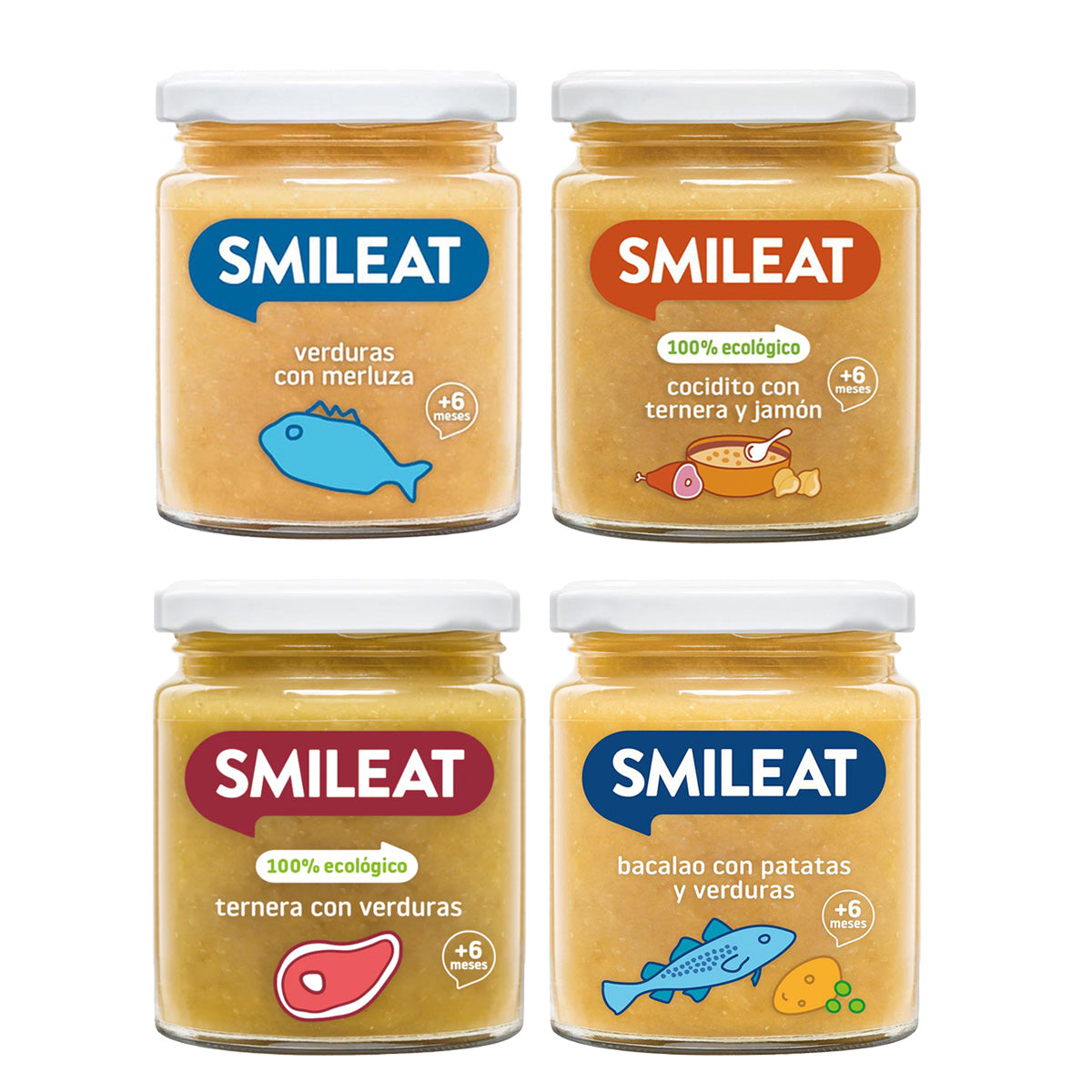 Förpackning med Smileat ekologiska burkar med kött och fisk, 4 st à 230 g