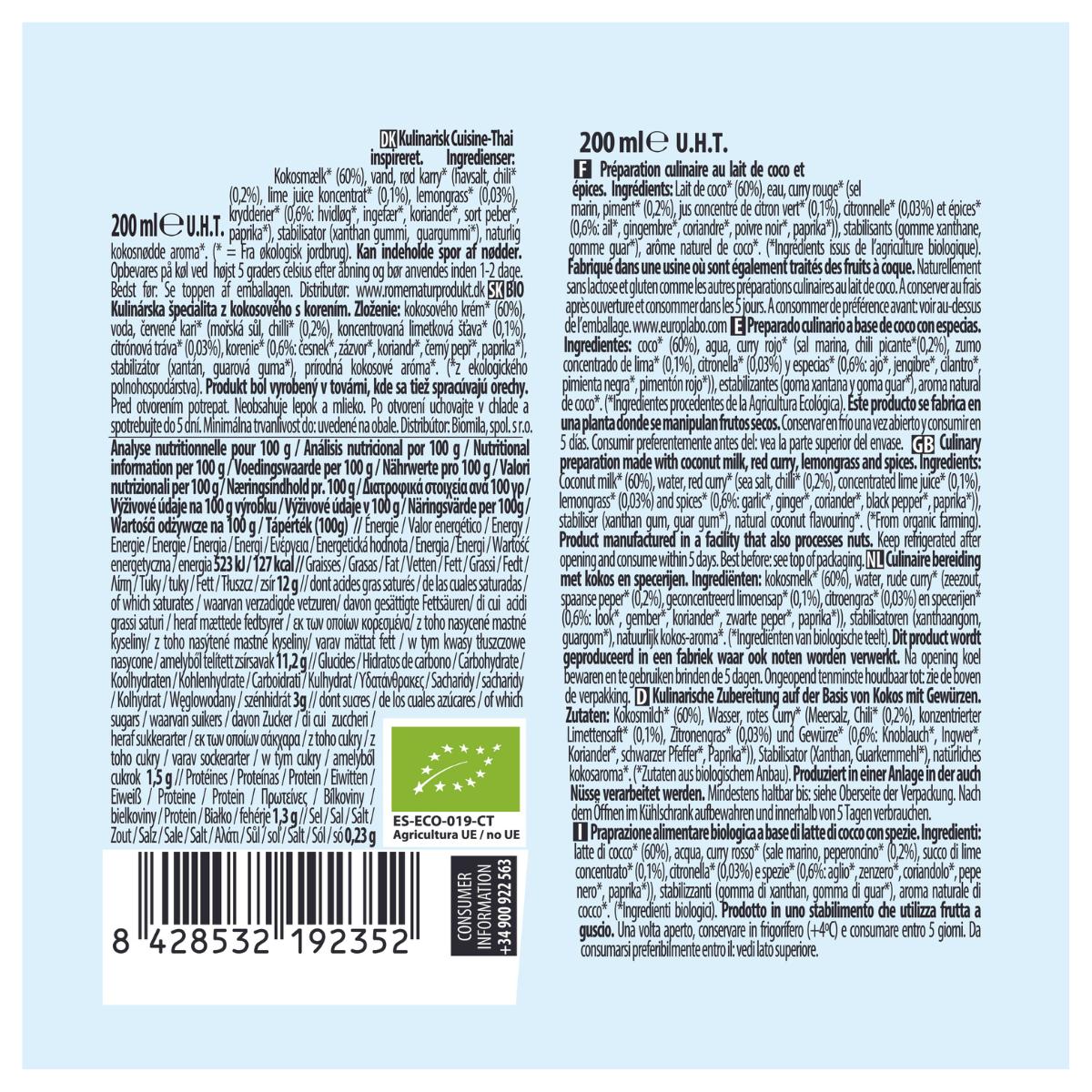 Crème végétale Bio Cuisine Coco Thai Ecomil, 200 ml