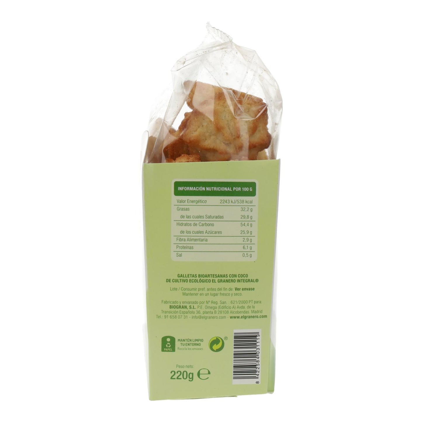 Biscuits artisanaux à la noix de coco bio El Granero, 220 g