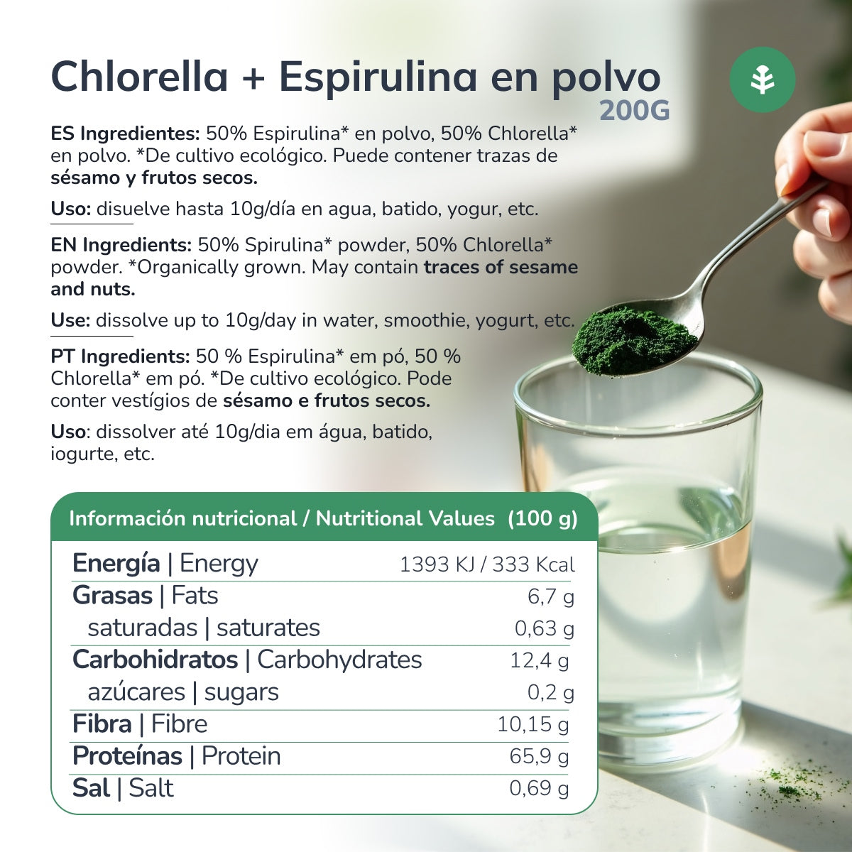 Chlorella + Spirulina poeder Planeta Huerto 200 g