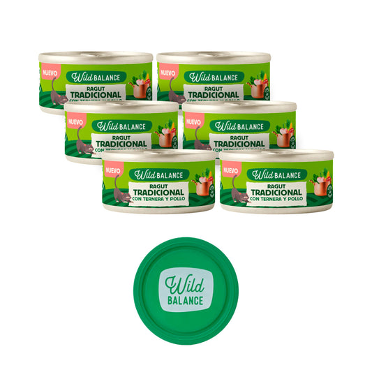 6x traditionele ragout van rundvlees en kip voor katten 6 x 80 g + cadeau: herbruikbaar deksel voor blikjes, Wild Balance