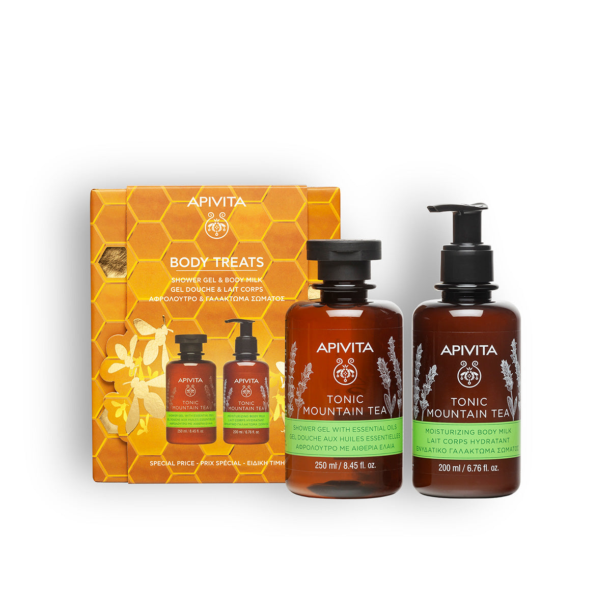 Cofanetto natalizio tonic mountain tea gel + latte corpo 200 ml, Apivita