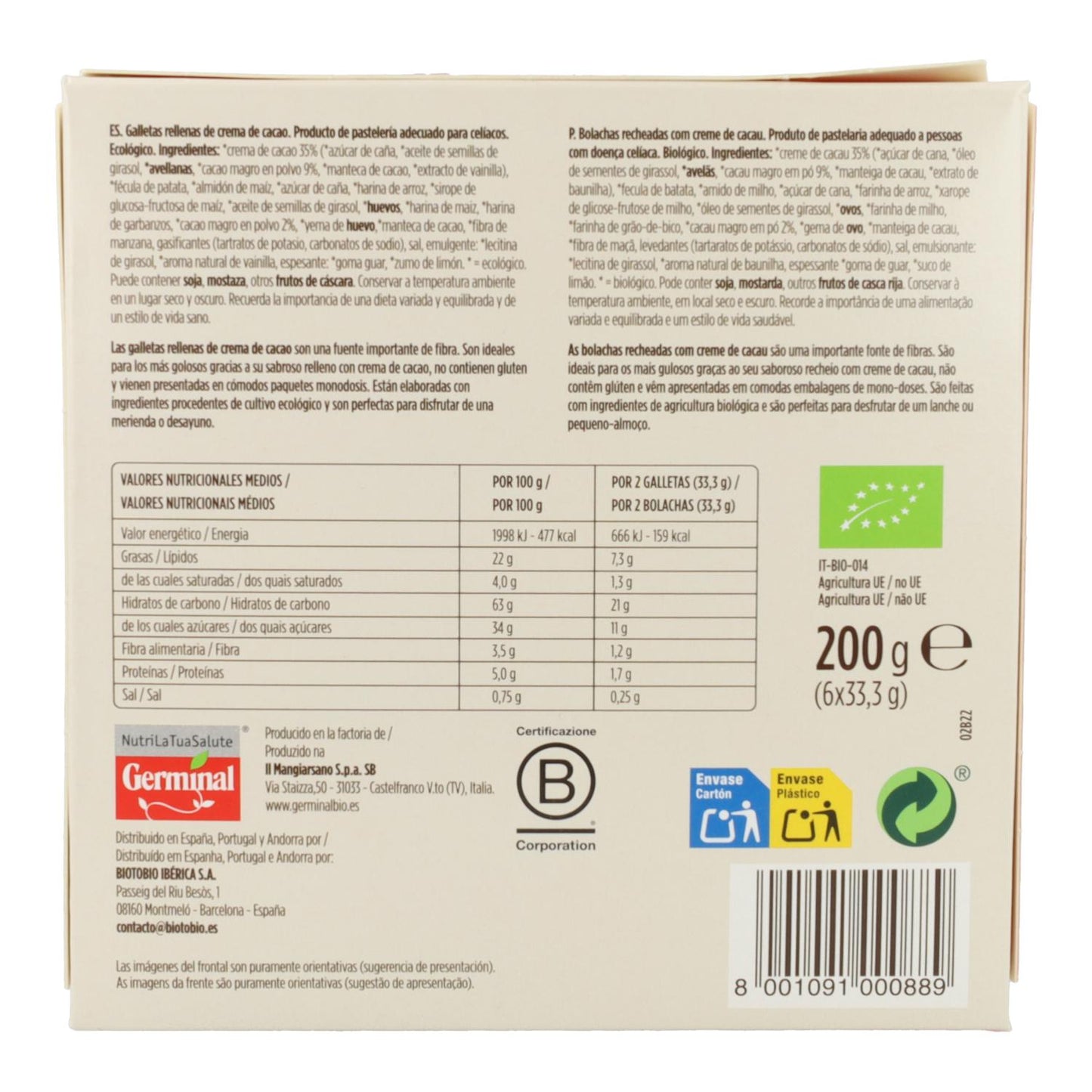 Germinal Organic Gluten-Free Biscuits Filled with Cocoa Cream, 200 g