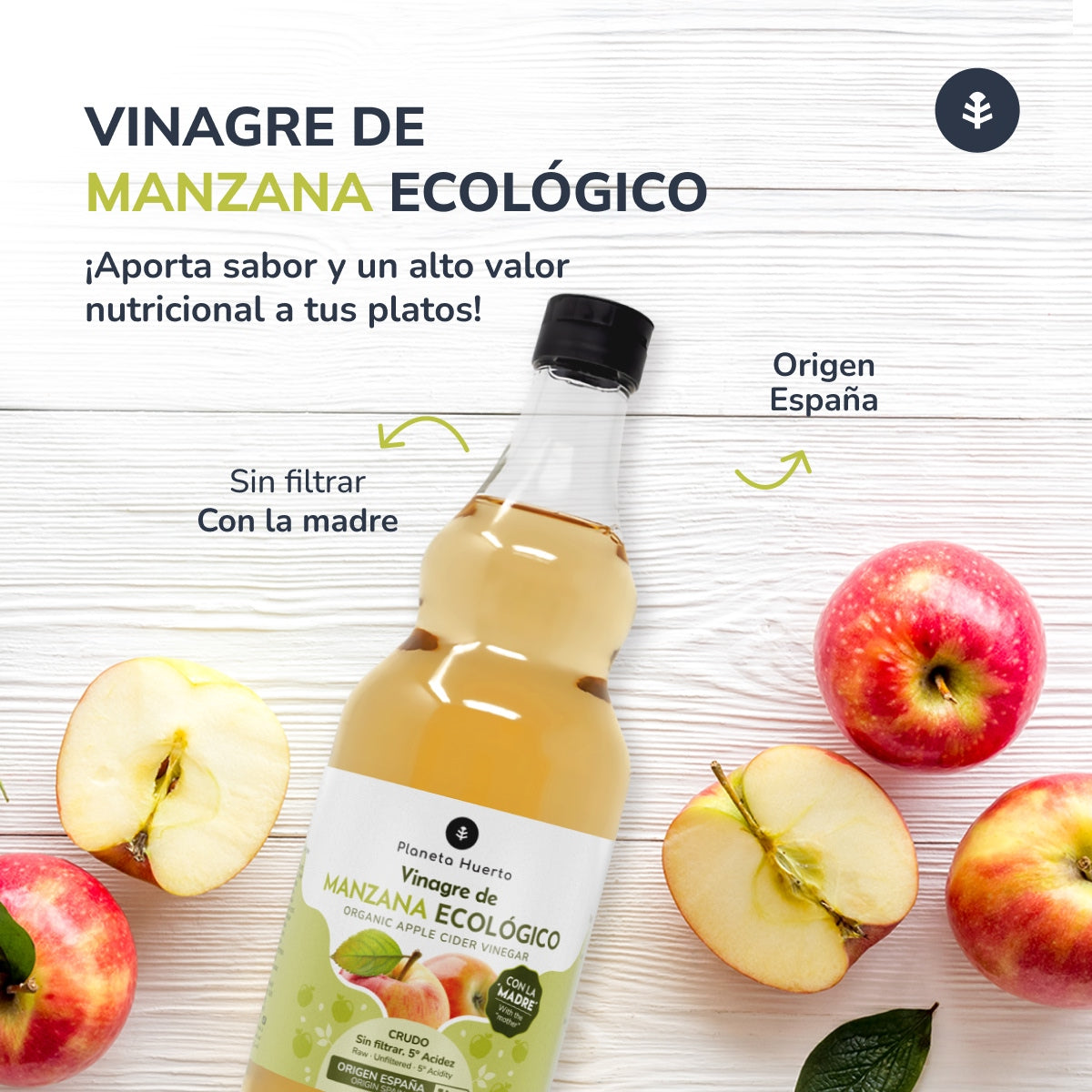 Pack of 2 x Planeta Huerto raw, unfiltered organic apple cider vinegar with the mother 1L