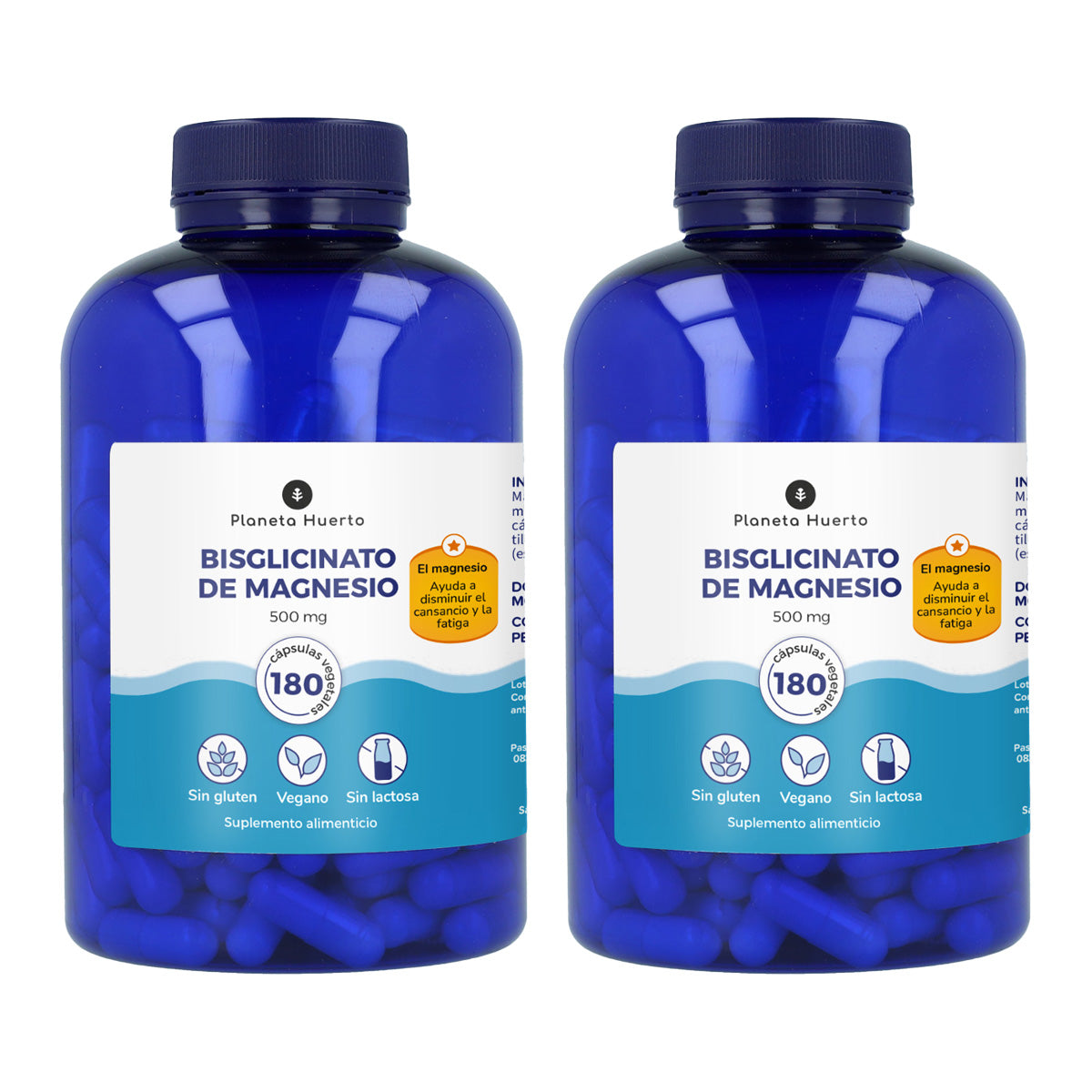 Förpackning 2xMagnesiumbisglycinat 500 mg Planeta Huerto 180 kapslar