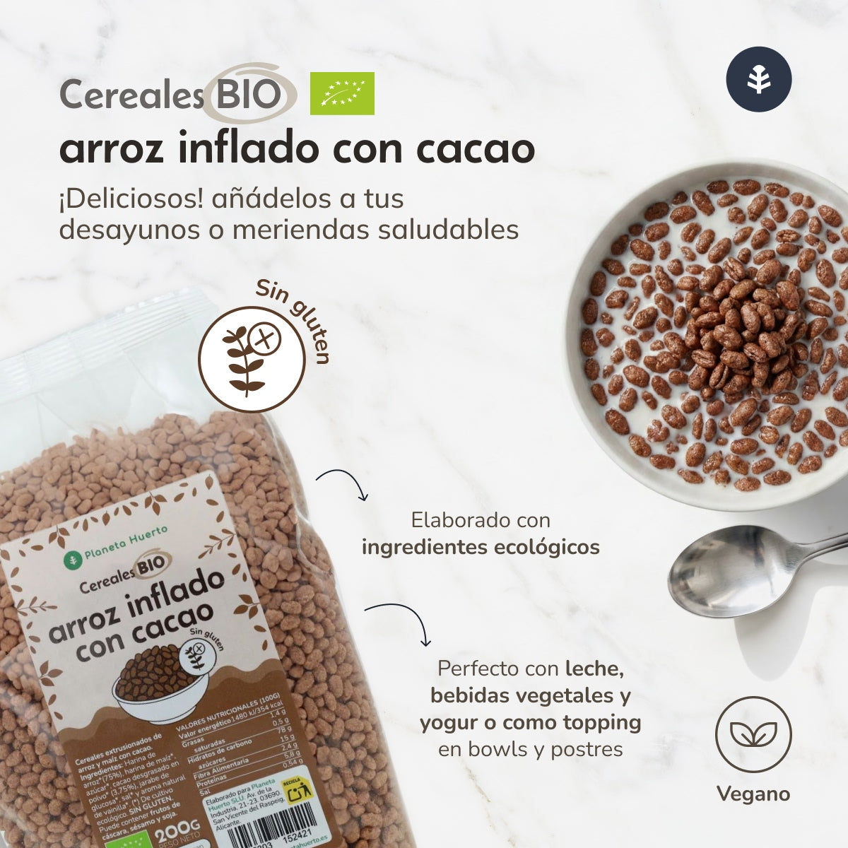 Glutenfreier Puffreis mit Kakao ECO Planeta Huerto 200 g
