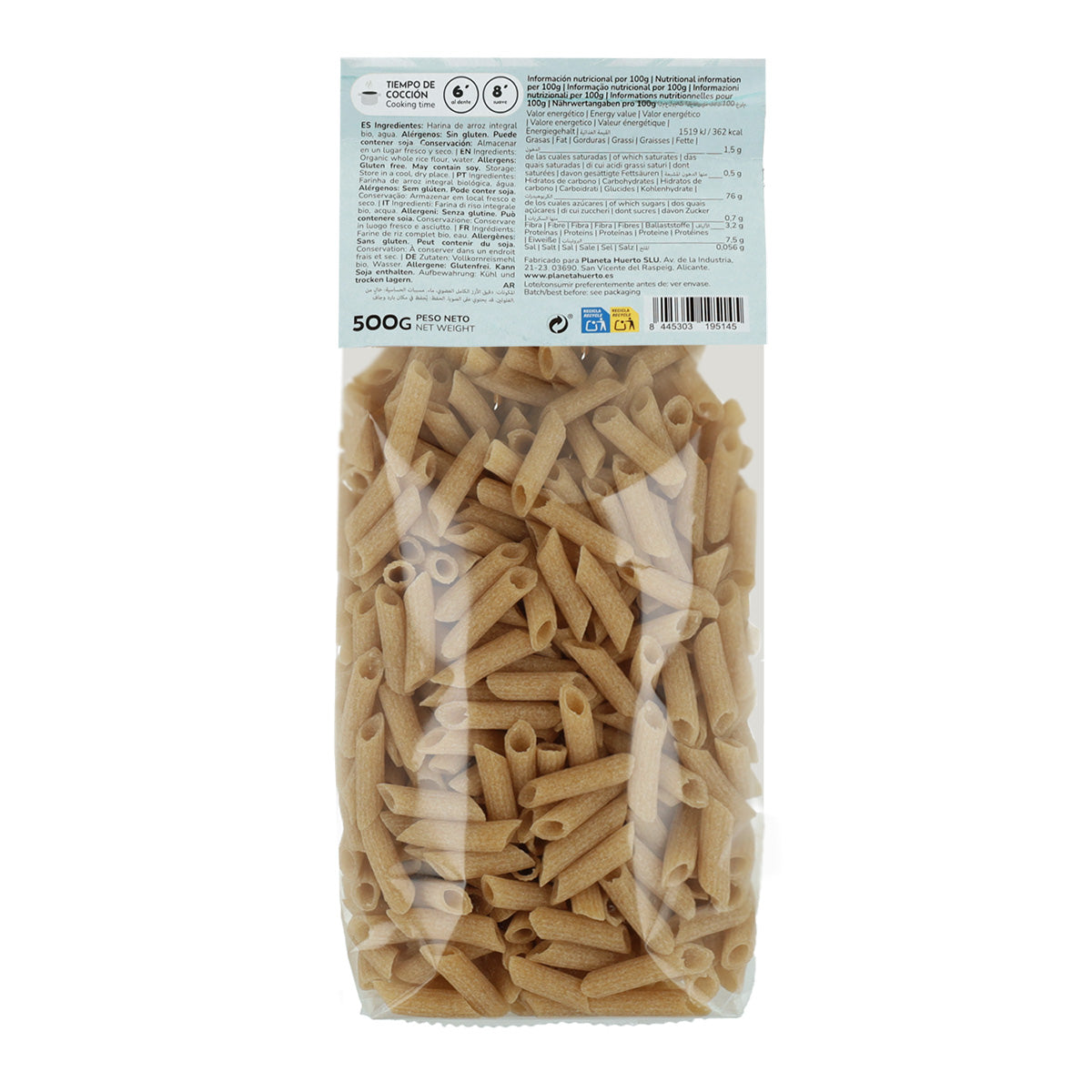 Maccheroni di riso integrale ECO senza glutine Planeta Huerto 500 g