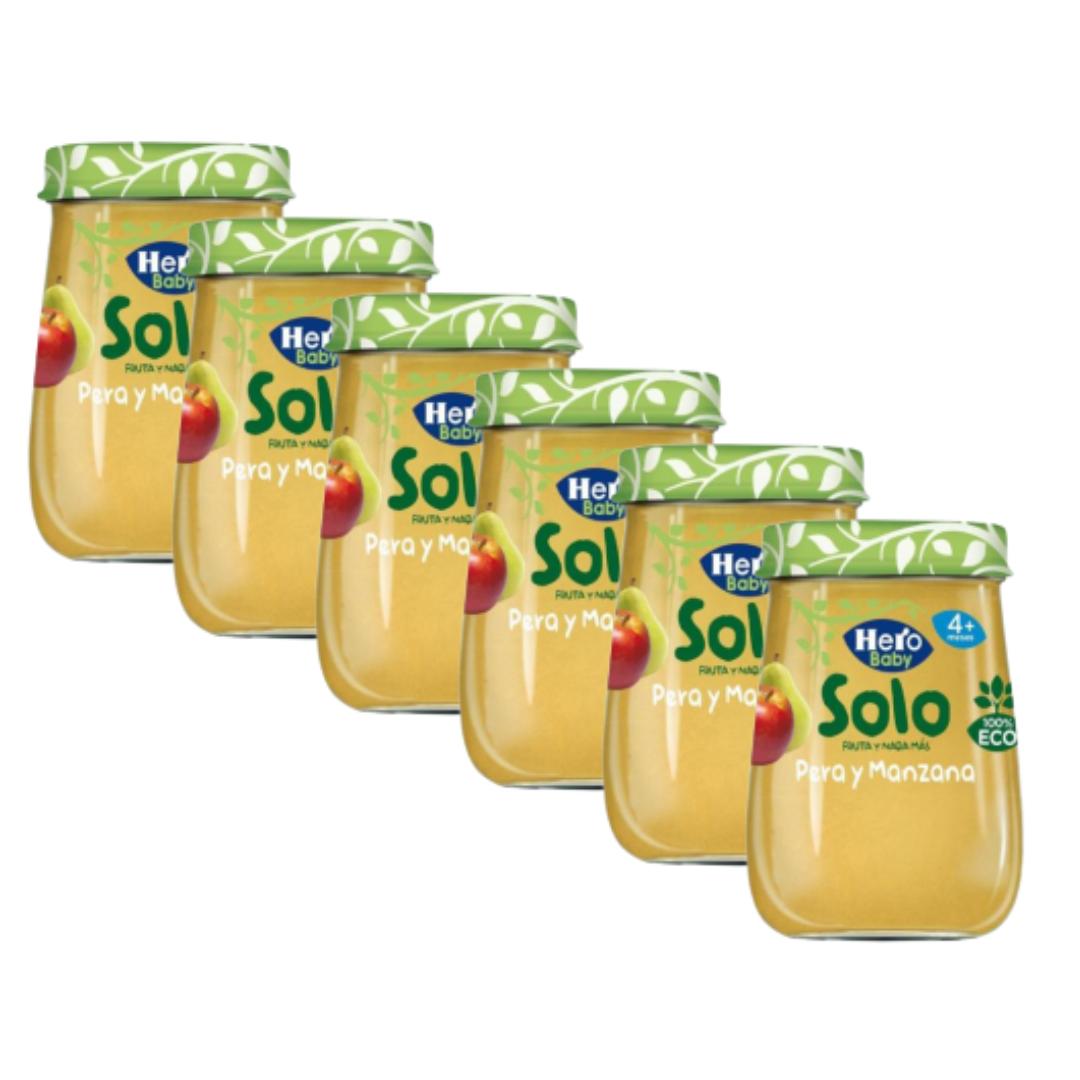 Förpackning med 6 burkar med ekologisk päron- och äppelmos, 120 g. Hero Solo