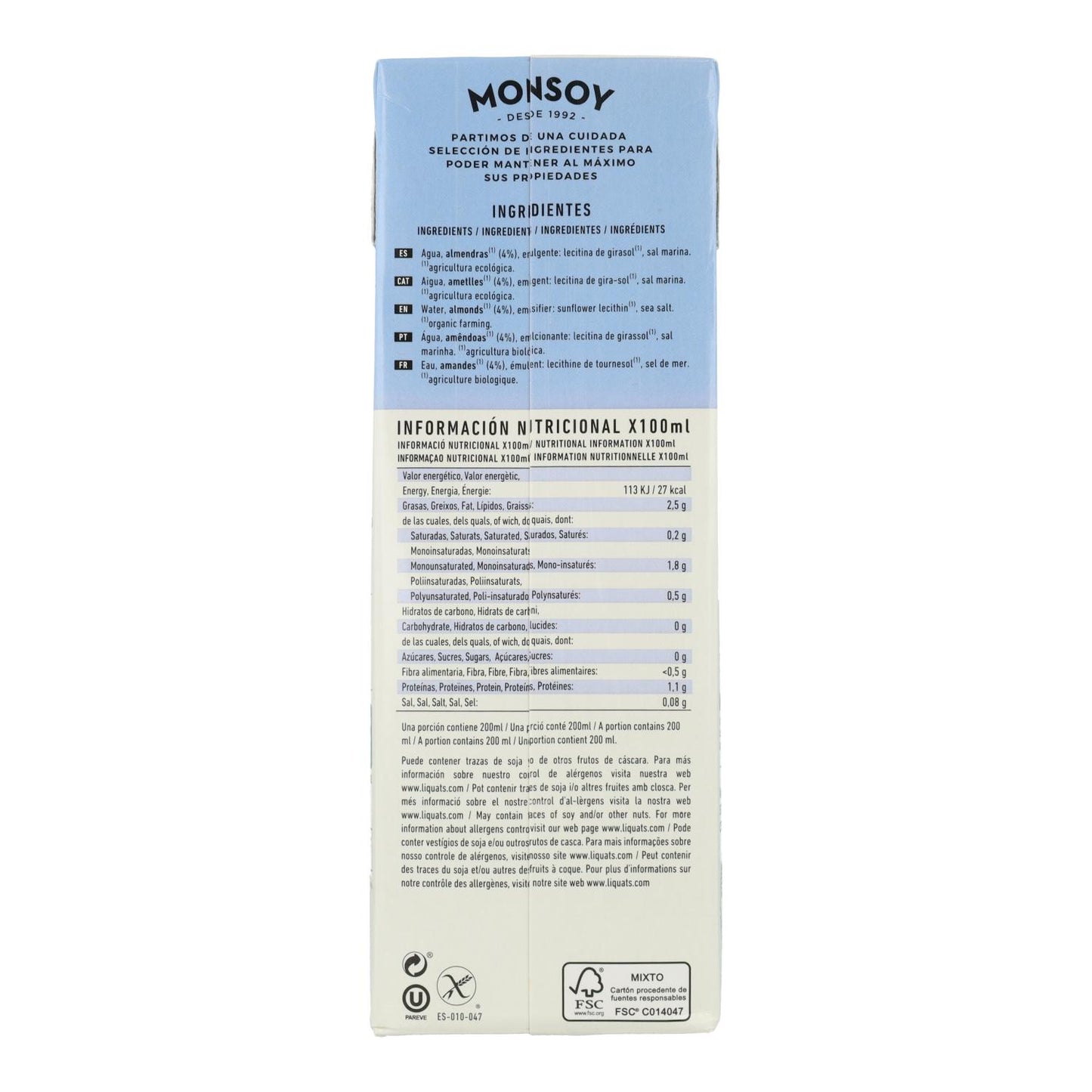 Pack 6 uds Bebida vegetal de almendra sin azúcares Monsoy 1 L