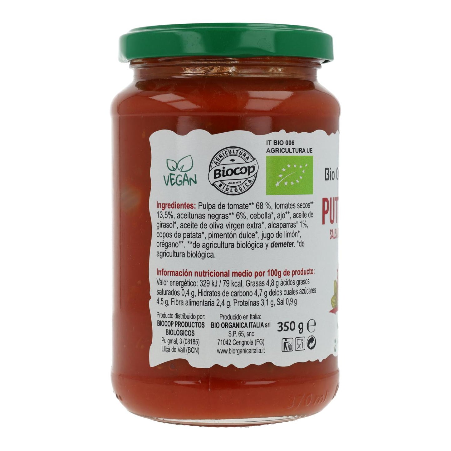 Tomaten saus Puttanesca met olijven en kappertjes Bio Demeter Organica Italia 325 ml