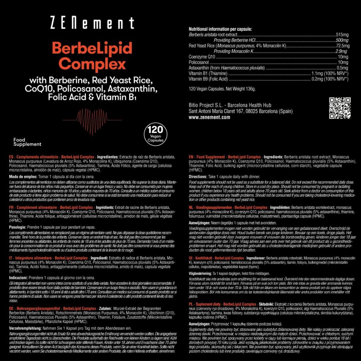 BeberLipid Complex met berberine, rode rijstgist, policosanol, Q10, astaxanthine, foliumzuur en vitamine B1 Zenement, 120 tabletten