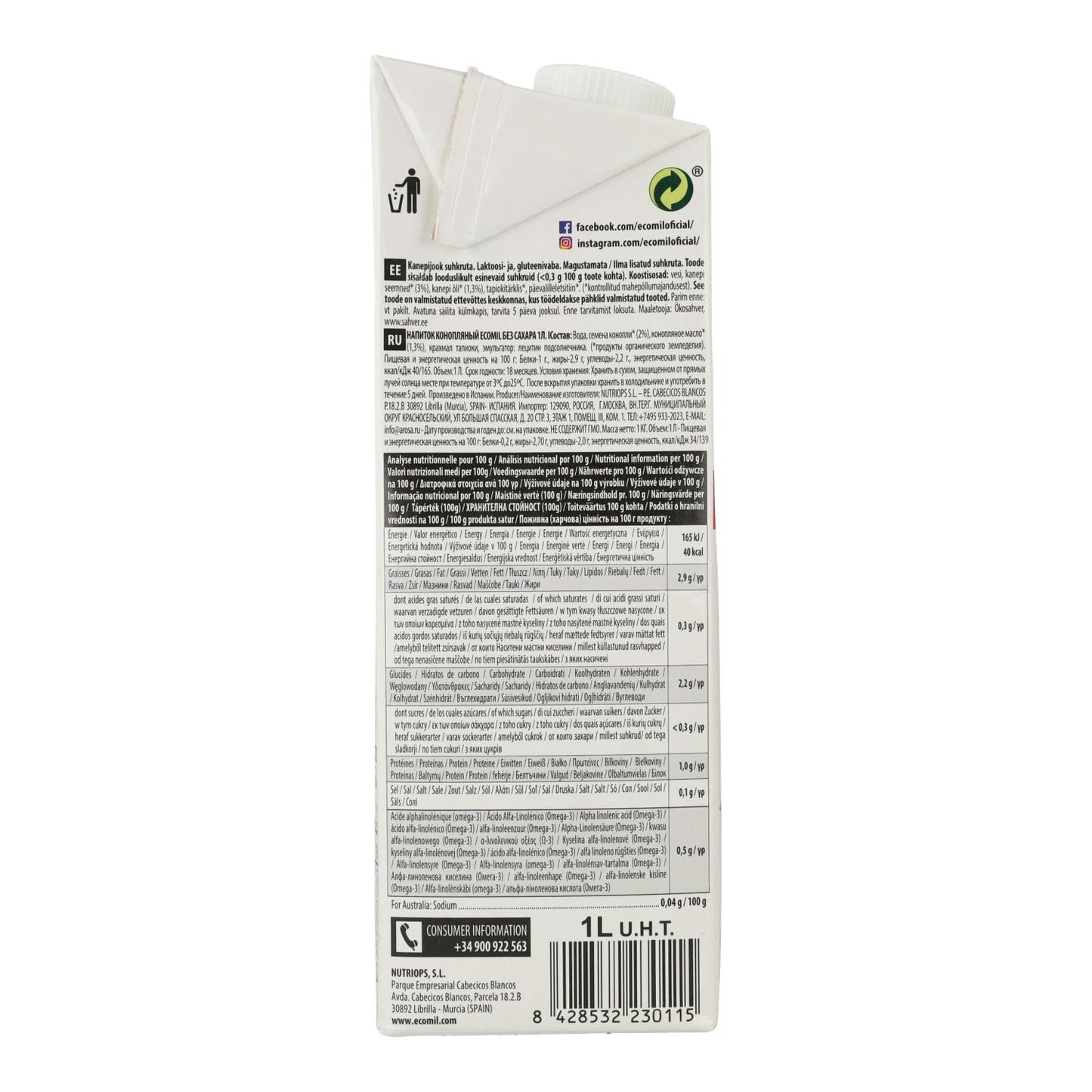 Boisson végétale au chanvre sans sucre bio Ecomil 1 L