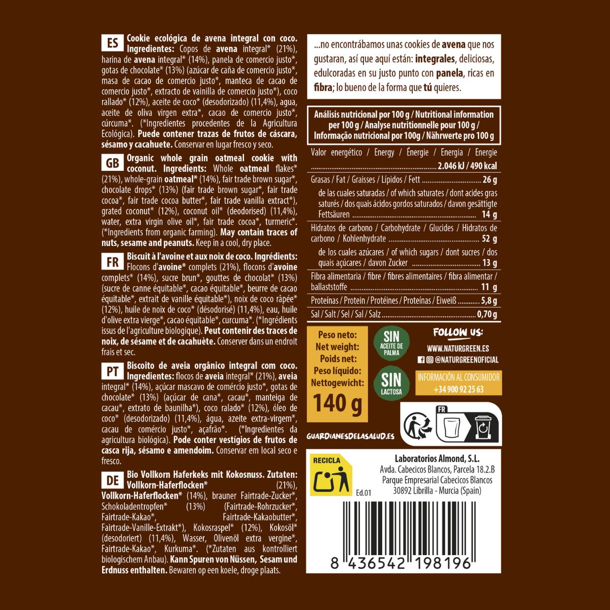 Ciasteczka owsiane pełnoziarniste z kokosem Bio NaturGreen 140 g