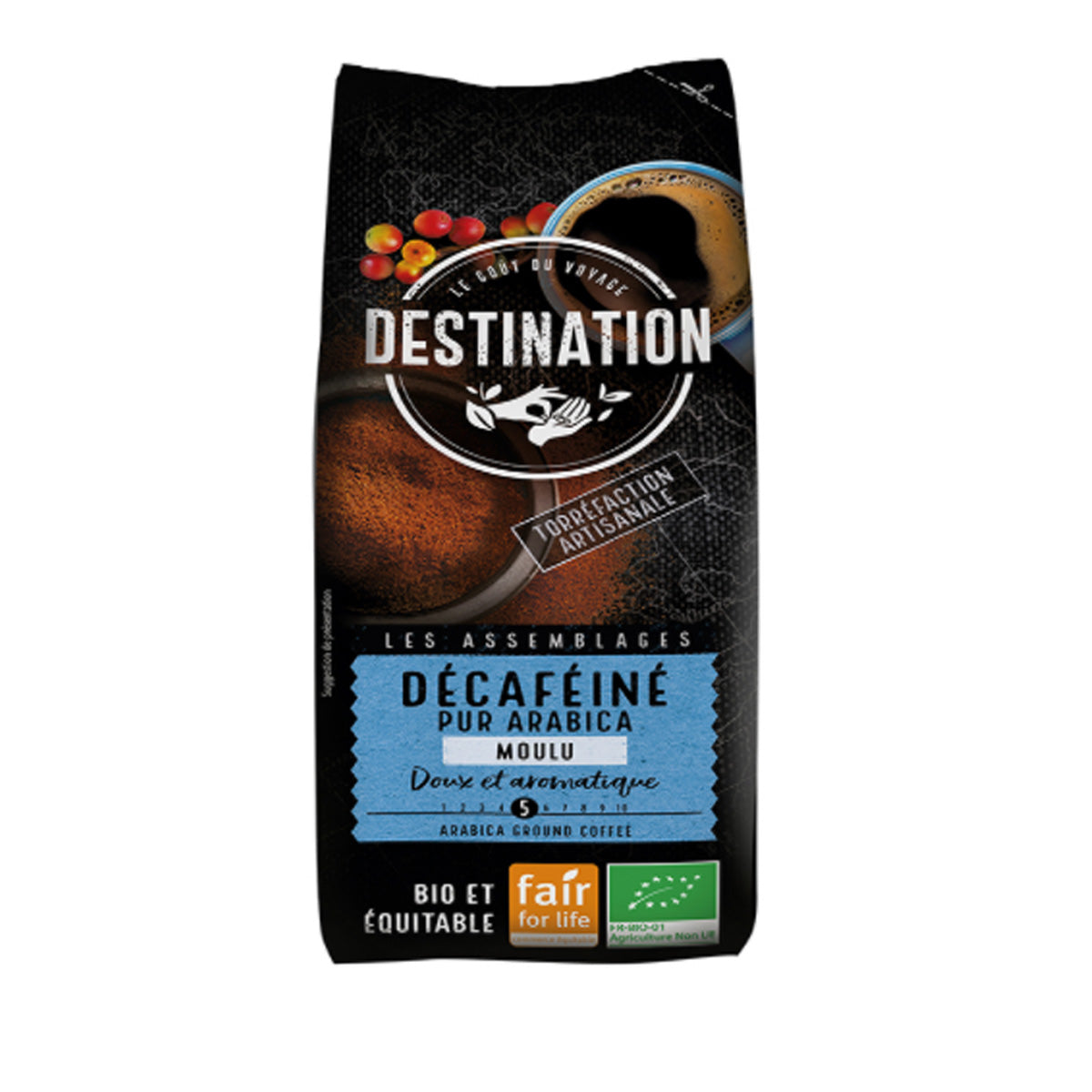 Mildes entkoffeiniertes Kaffeepulver 100 % Arabica BIO Destination 250 g