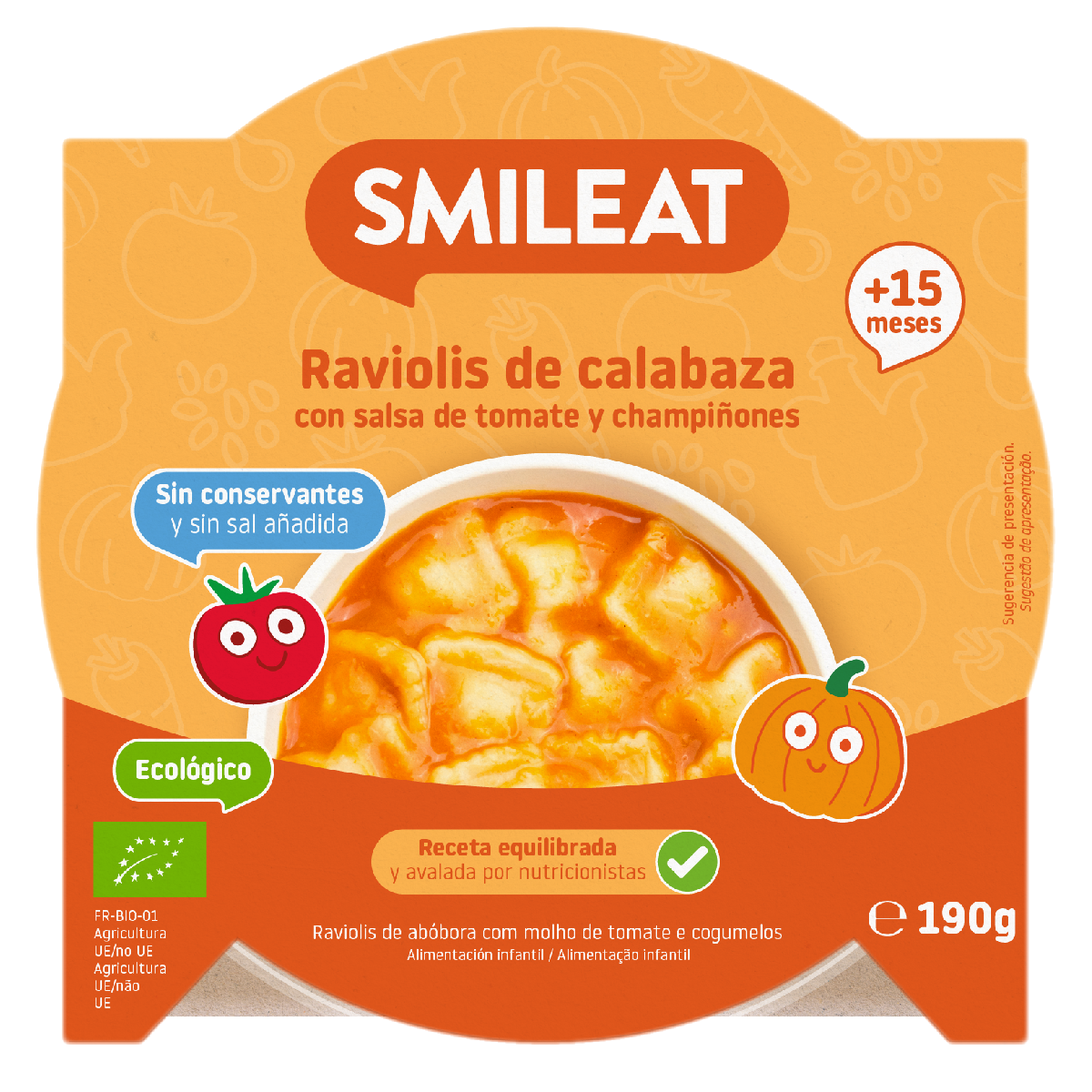 Små tallrikar med ravioli med pumpa och tomatsås ECO (från 15 månader) Smileat 190 g