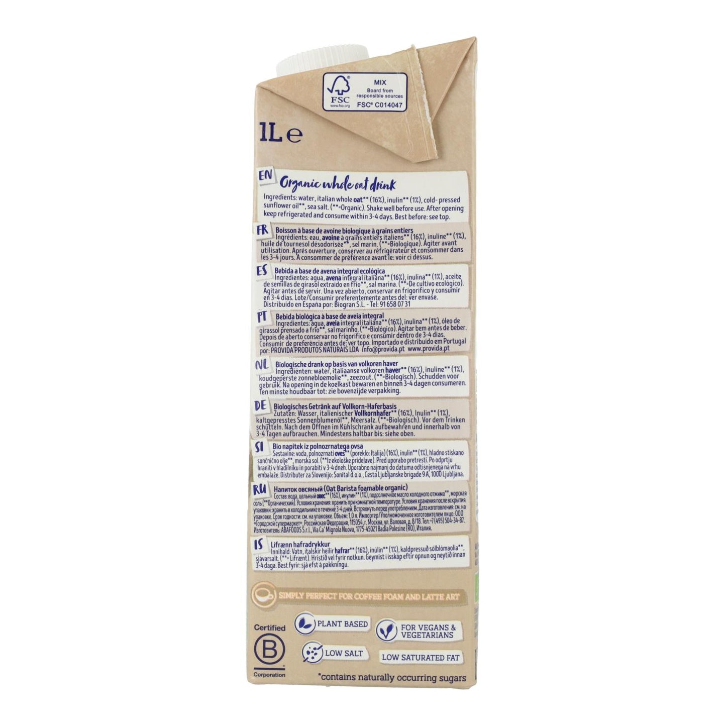 Confezione da 6 bevande all'avena Barista BIO Isola Bio, 1L