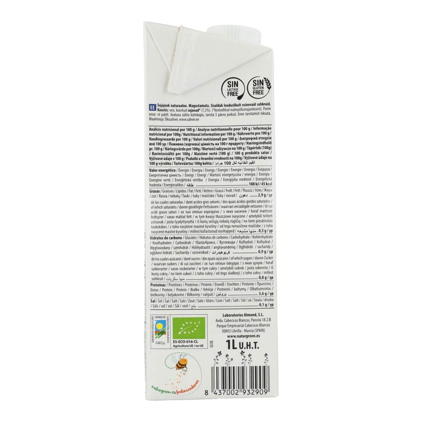 Pack of 6 x NaturGreen Organic Unsweetened Soy Drink 1 L